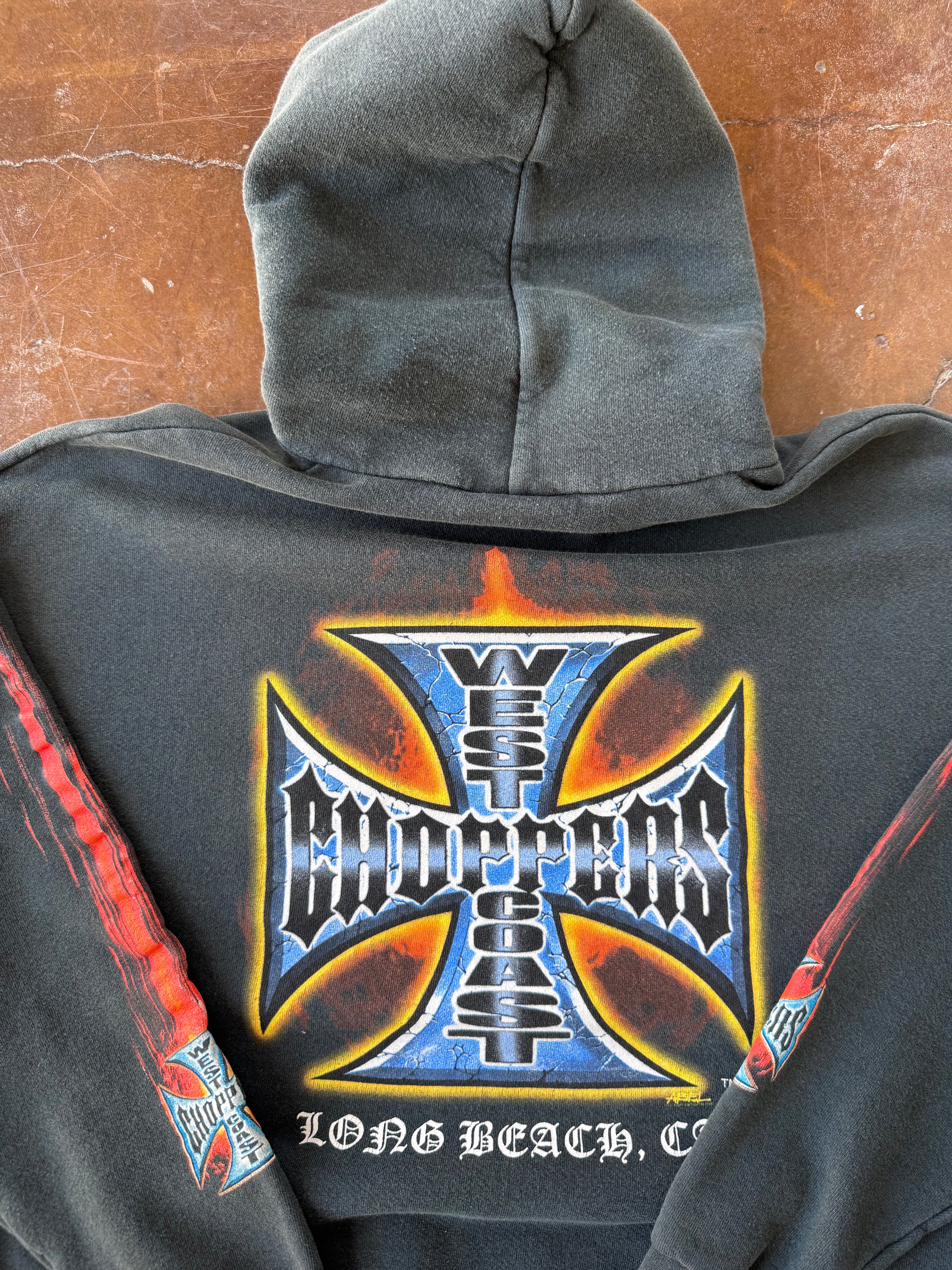 2000s lightly faded West Coast Choppers "streak flame" pullover hoodie (XL)