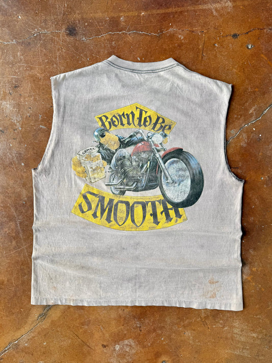 90s deep faded Camel biker "born to be smooth" pocket cut-off shirt (XL)