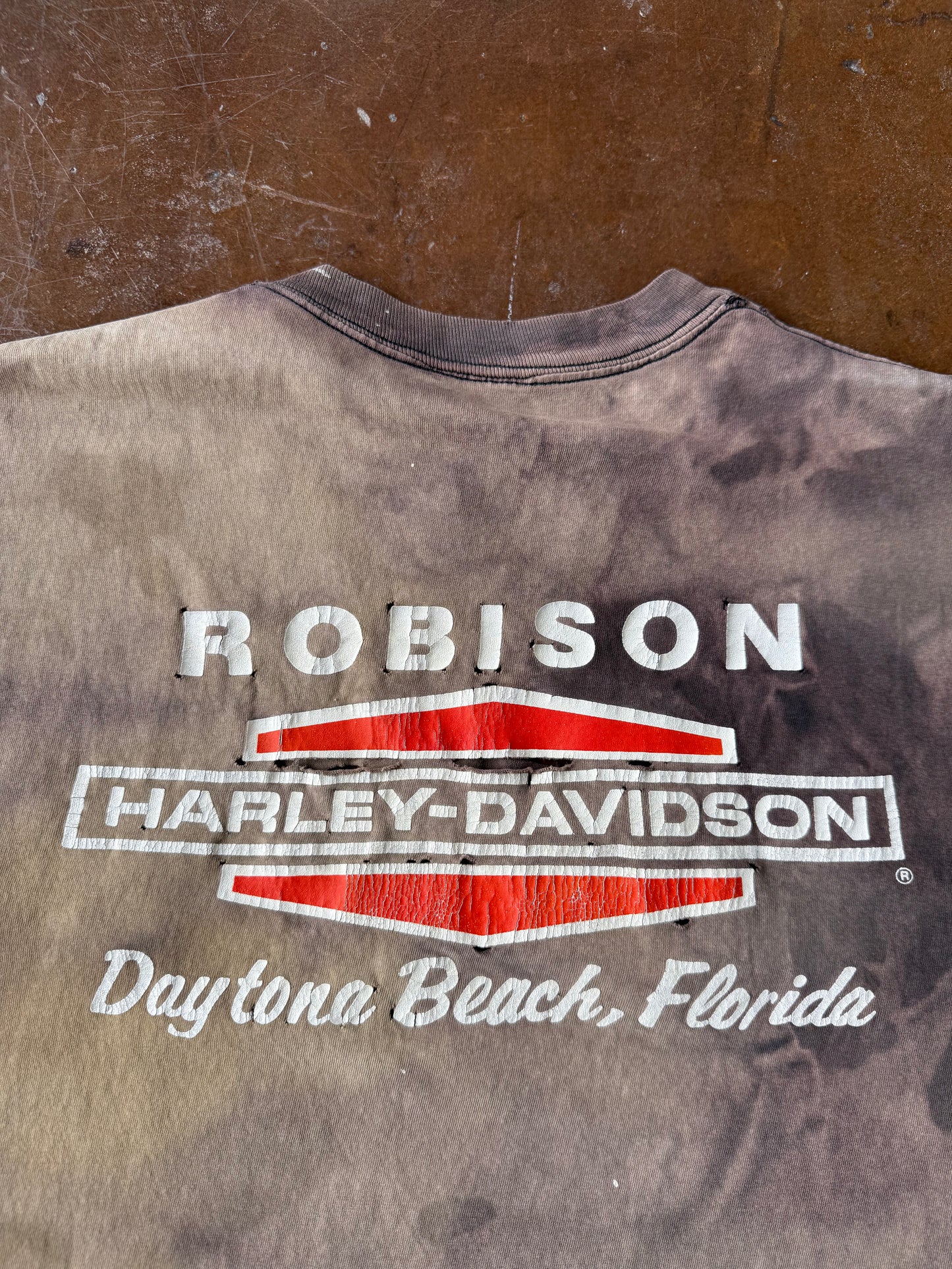 90s heavily faded & distressed Harley Davidson "spellout logo" shirt (XL)