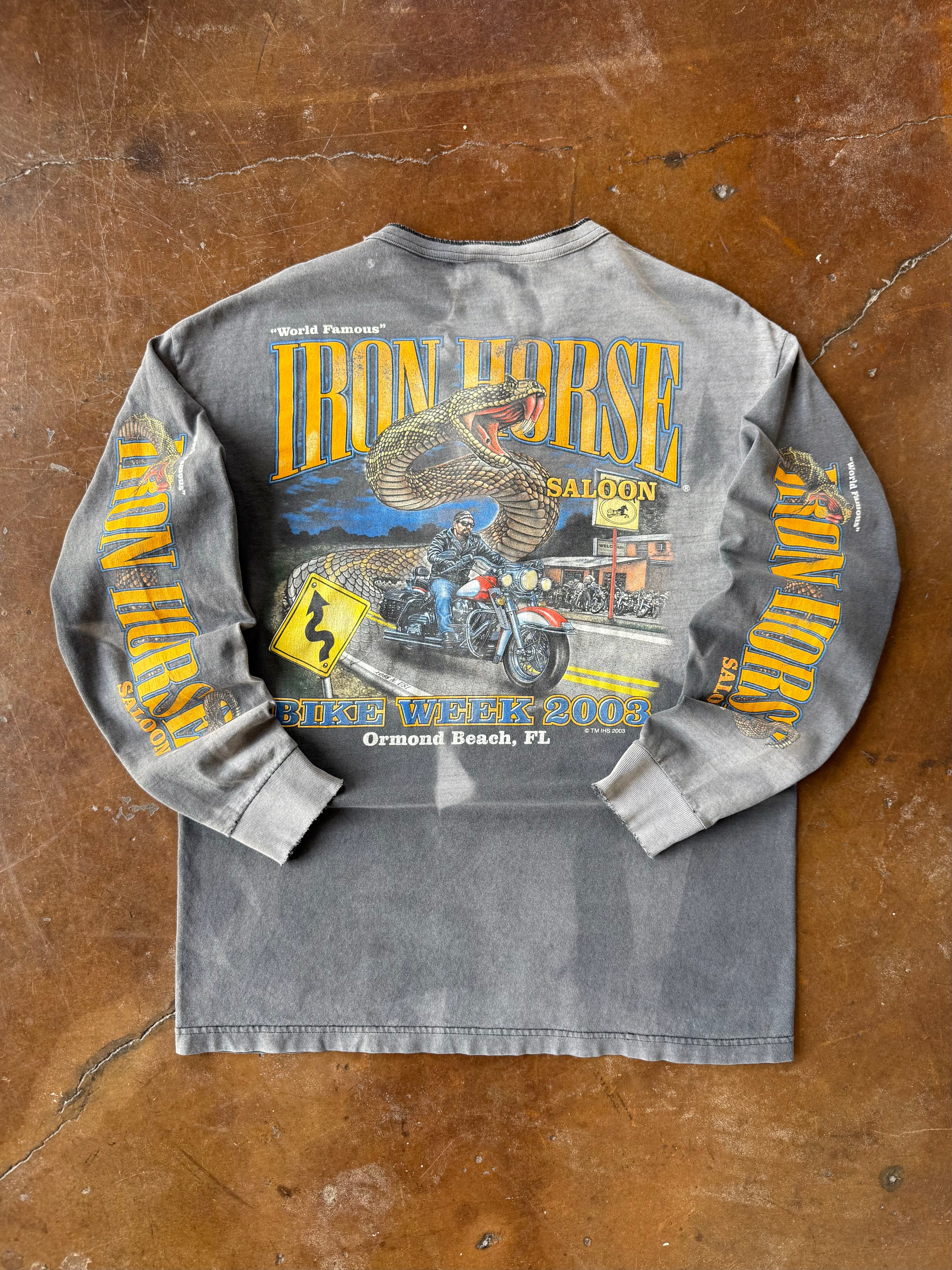 2003 faded & lightly distressed Iron Horse Saloon "rattlesnake" biker henley shirt (LARGE)