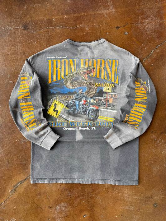 2003 faded & lightly distressed Iron Horse Saloon "rattlesnake" biker henley shirt (LARGE)