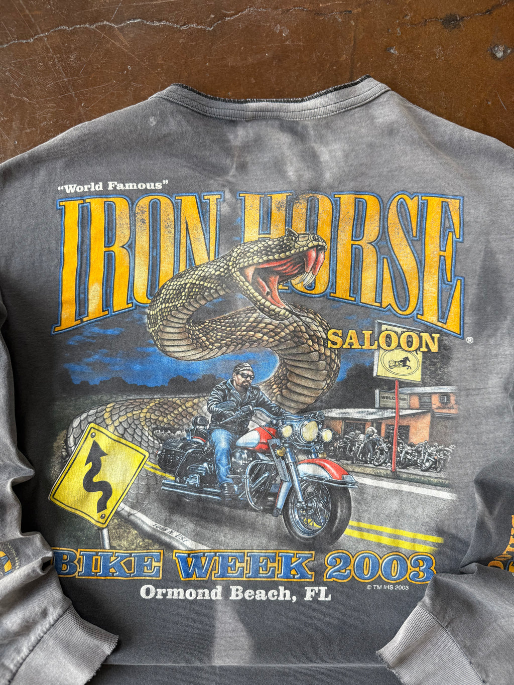 2003 faded & lightly distressed Iron Horse Saloon "rattlesnake" biker henley shirt (LARGE)