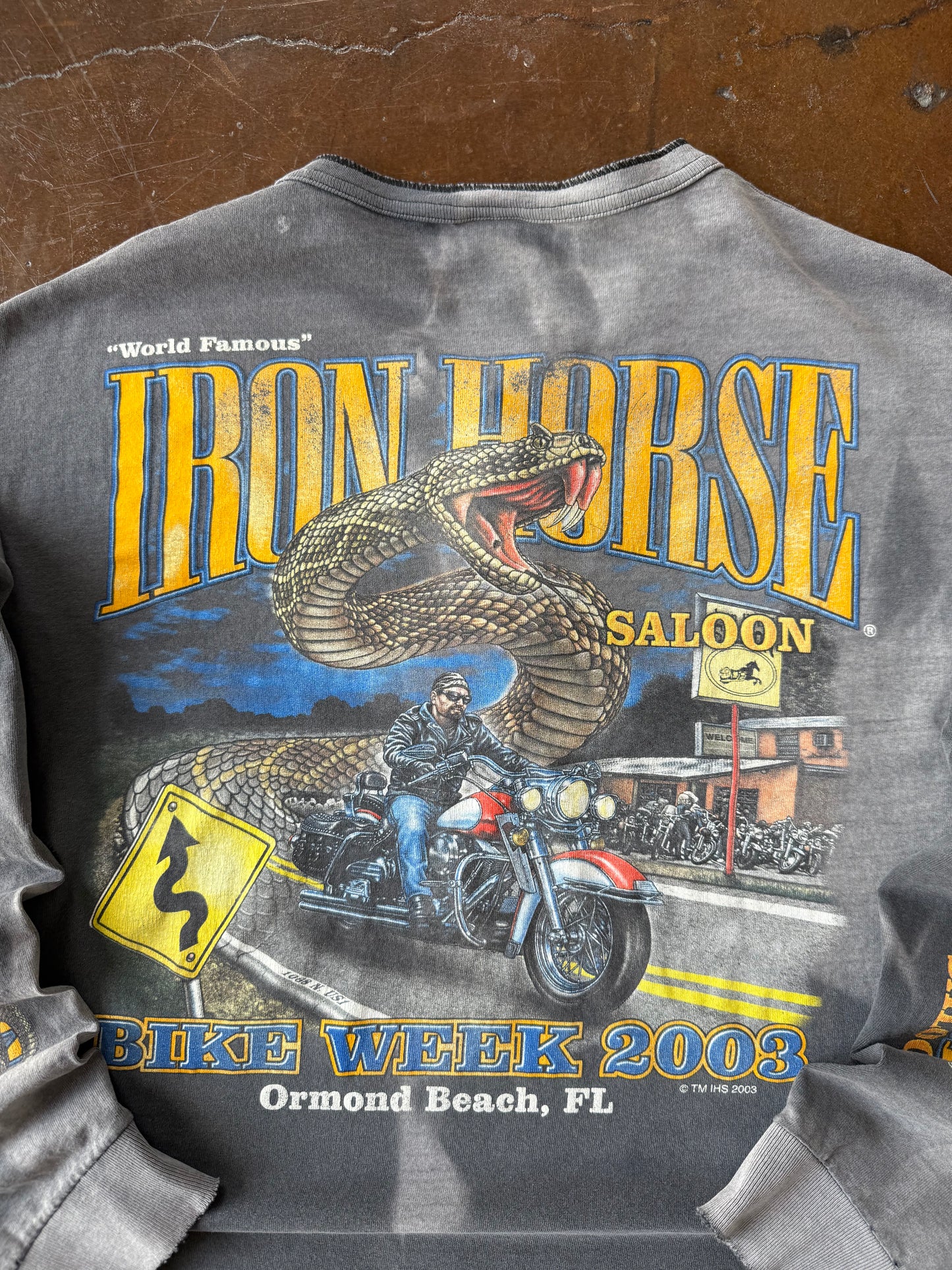 2003 faded & lightly distressed Iron Horse Saloon "rattlesnake" biker henley shirt (LARGE)