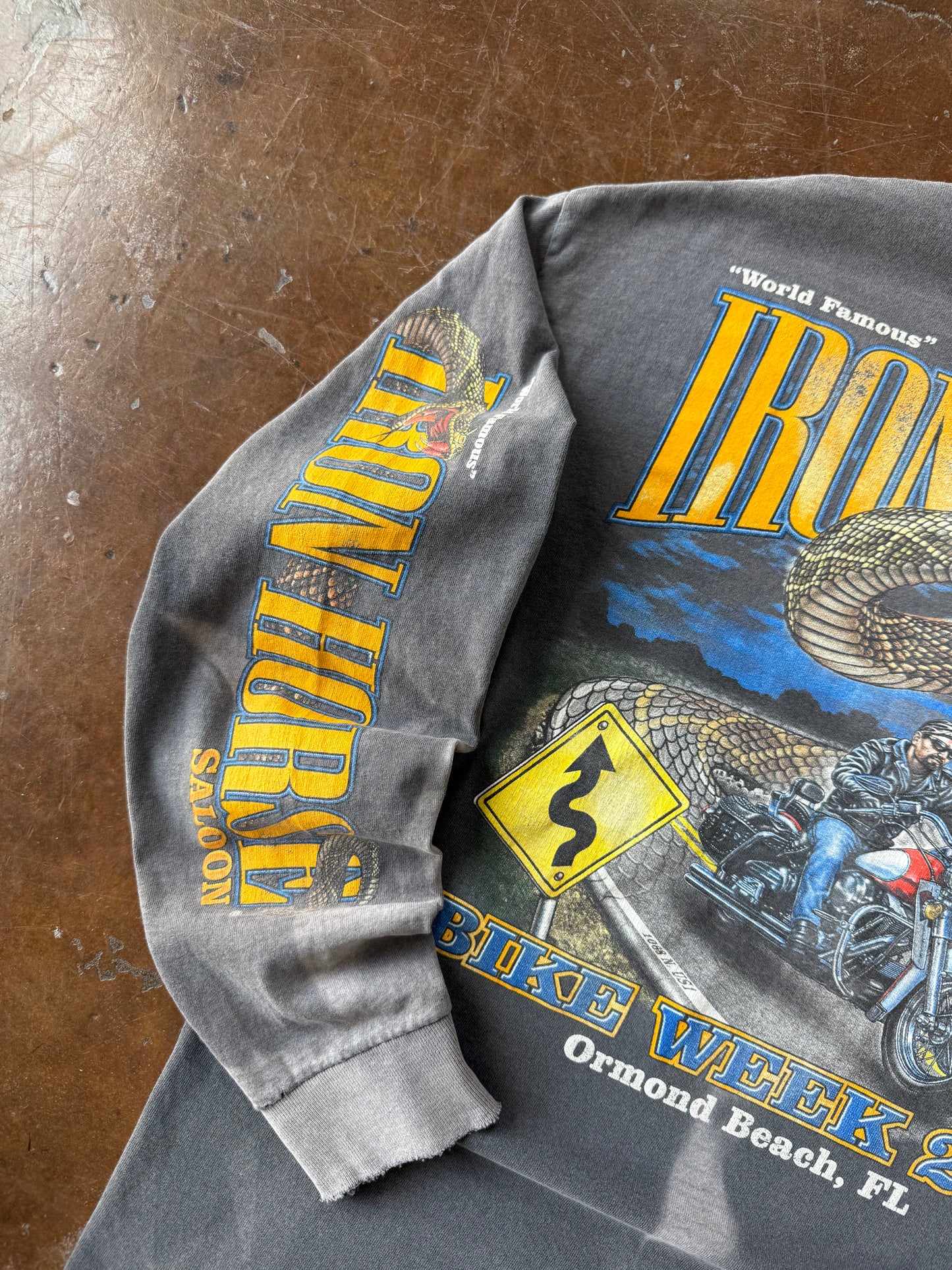 2003 faded & lightly distressed Iron Horse Saloon "rattlesnake" biker henley shirt (LARGE)