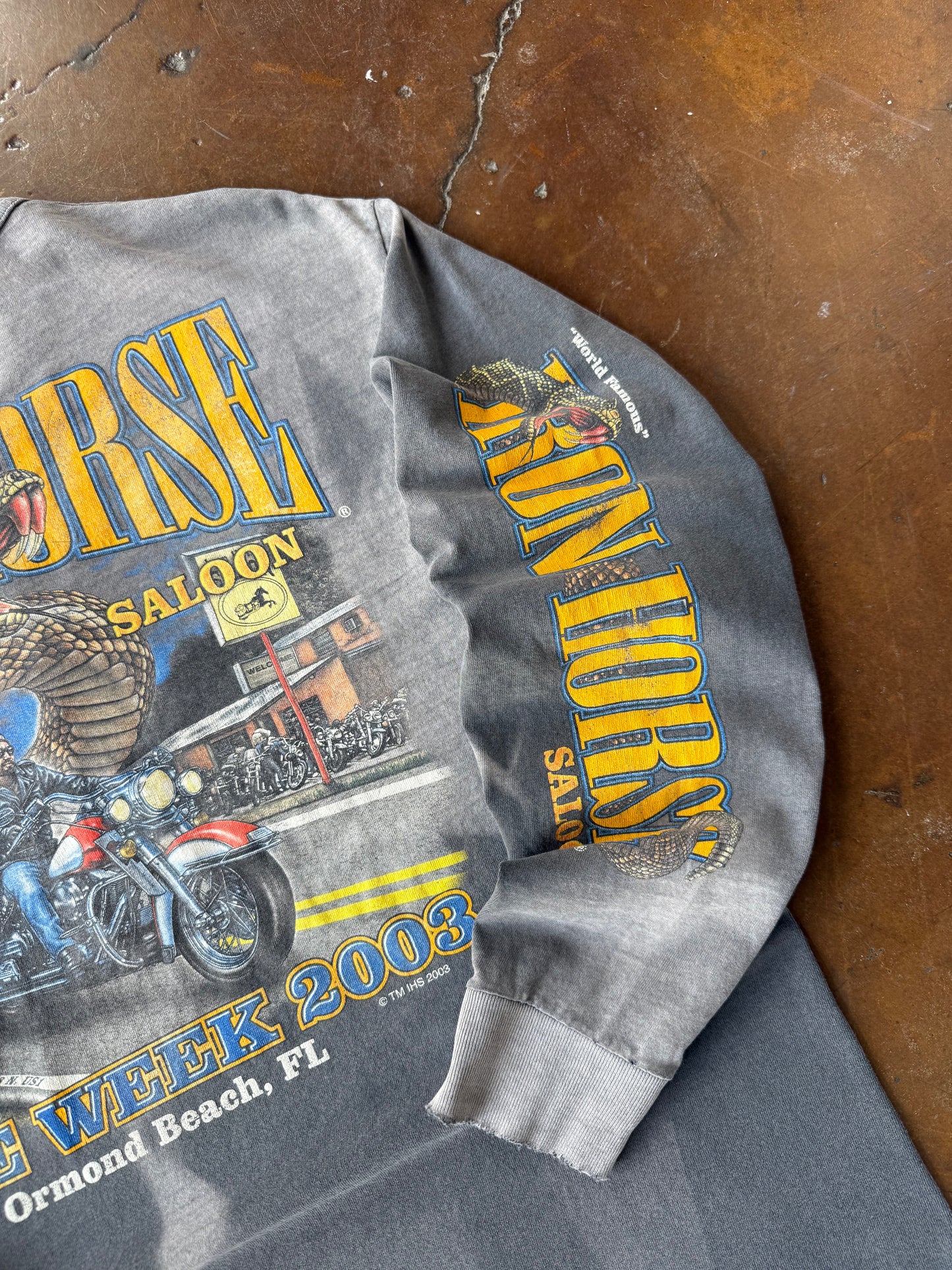 2003 faded & lightly distressed Iron Horse Saloon "rattlesnake" biker henley shirt (LARGE)