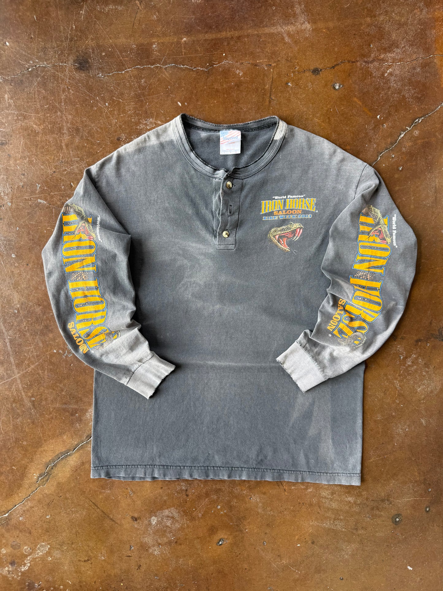 2003 faded & lightly distressed Iron Horse Saloon "rattlesnake" biker henley shirt (LARGE)