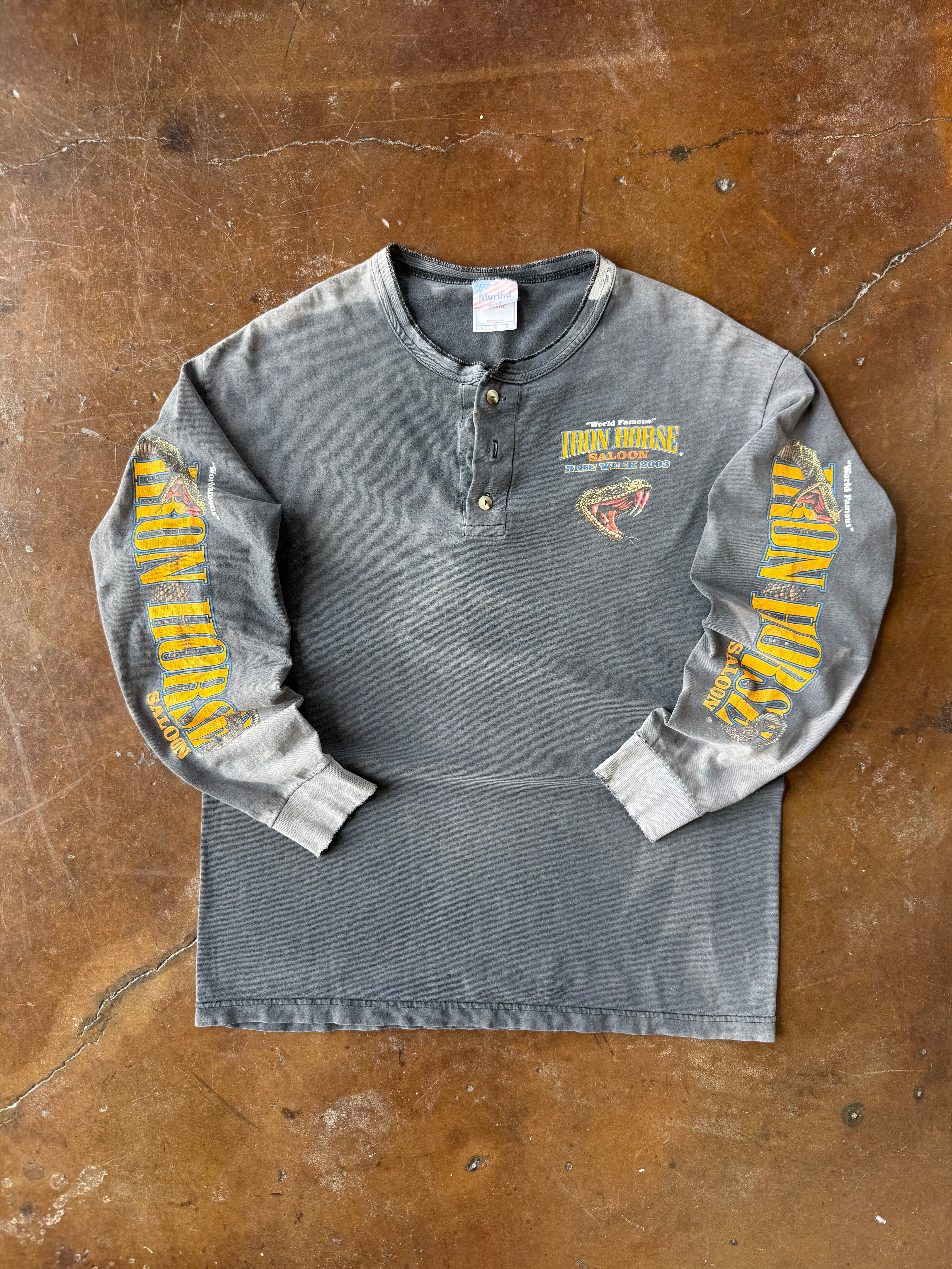 2003 faded & lightly distressed Iron Horse Saloon "rattlesnake" biker henley shirt (LARGE)