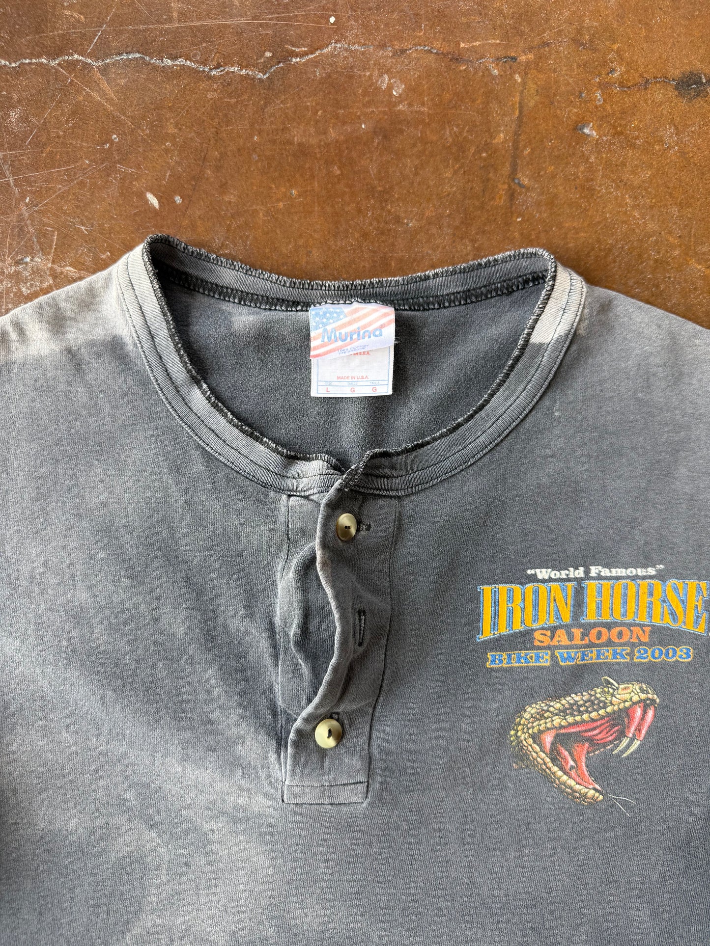 2003 faded & lightly distressed Iron Horse Saloon "rattlesnake" biker henley shirt (LARGE)