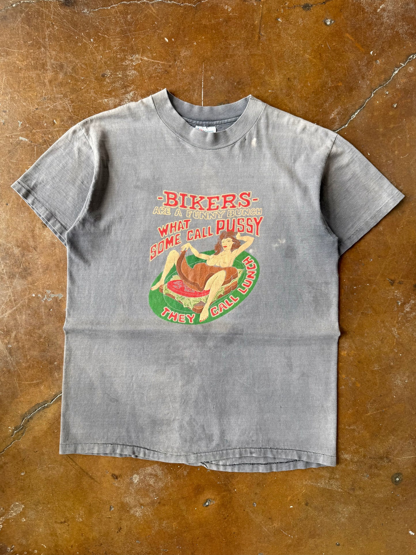 80s faded MC Shop "Bikers are a Funny Bunch..." biker shirt (LARGE)