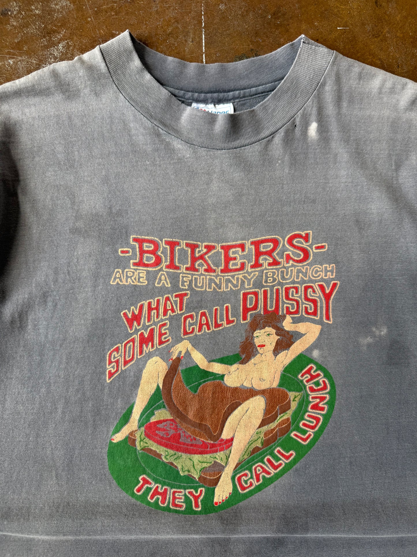 80s faded MC Shop "Bikers are a Funny Bunch..." biker shirt (LARGE)