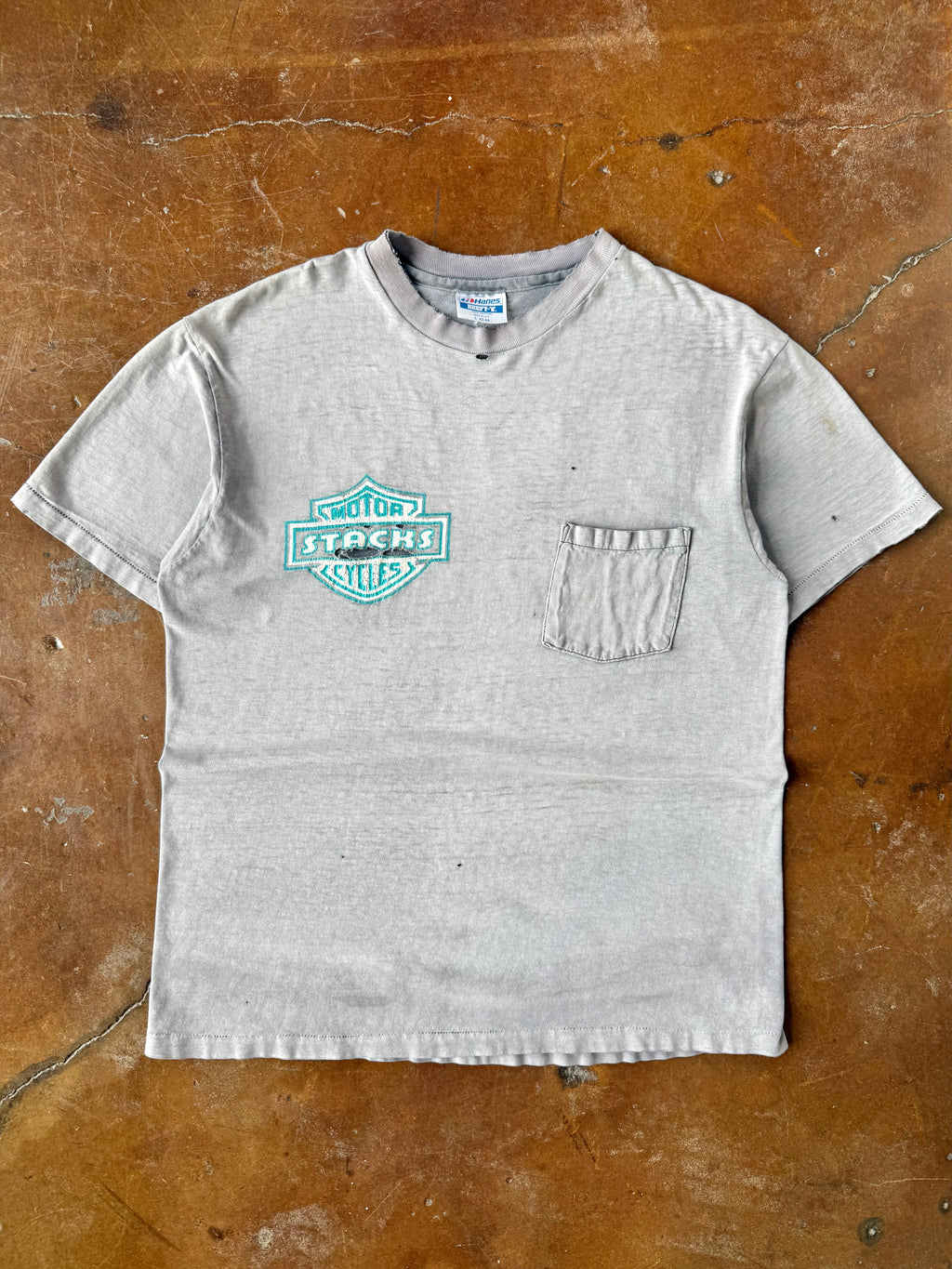 80s heavily faded & distressed Stacks Cycles "harley style" pocket shirt (LARGE)