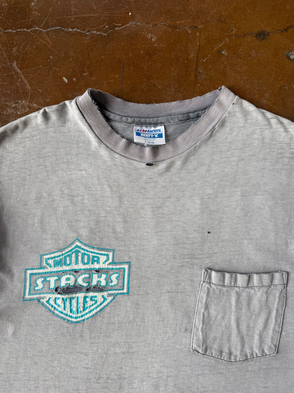 80s heavily faded & distressed Stacks Cycles "harley style" pocket shirt (LARGE)