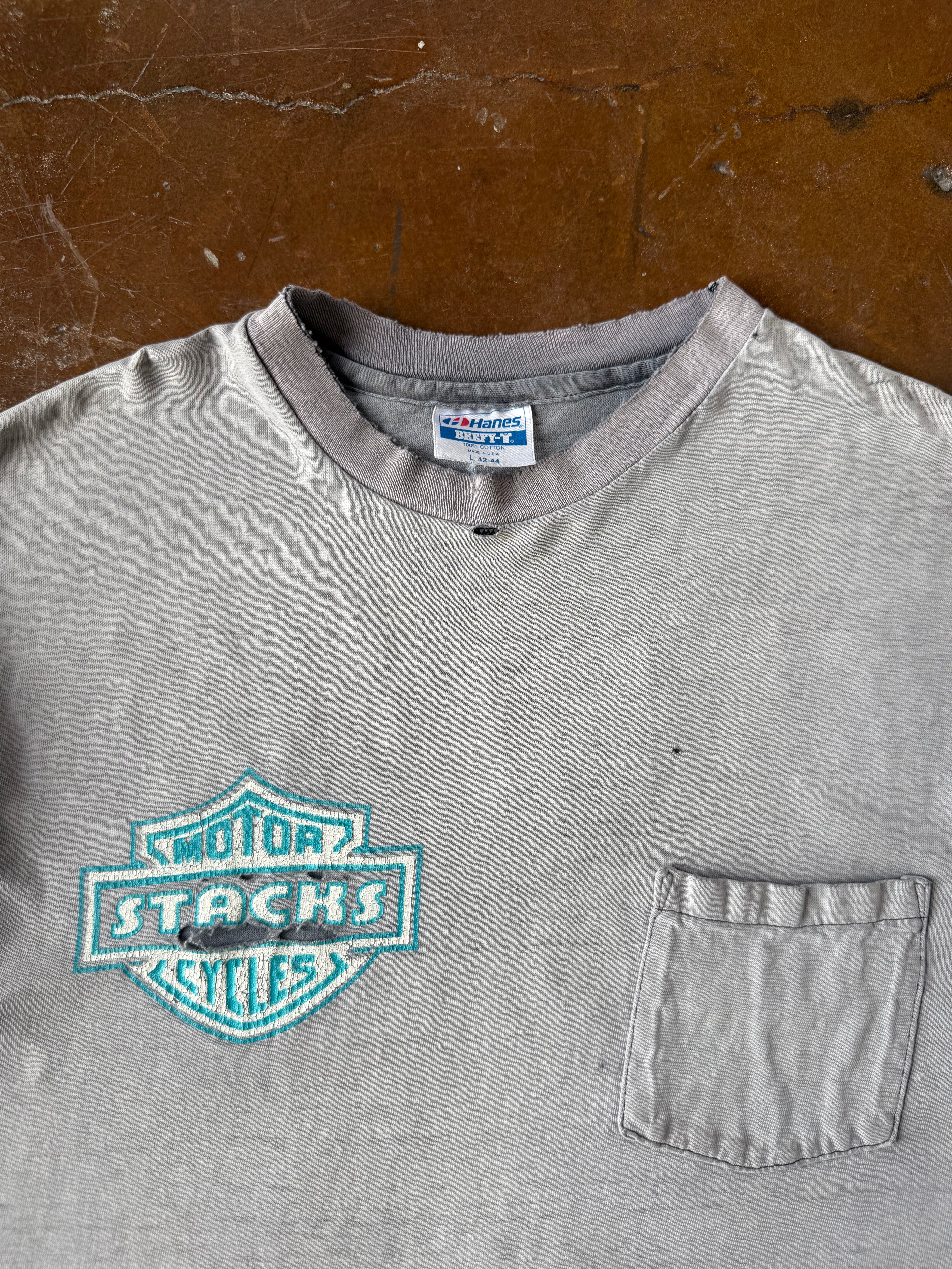 80s heavily faded & distressed Stacks Cycles "harley style" pocket shirt (LARGE)