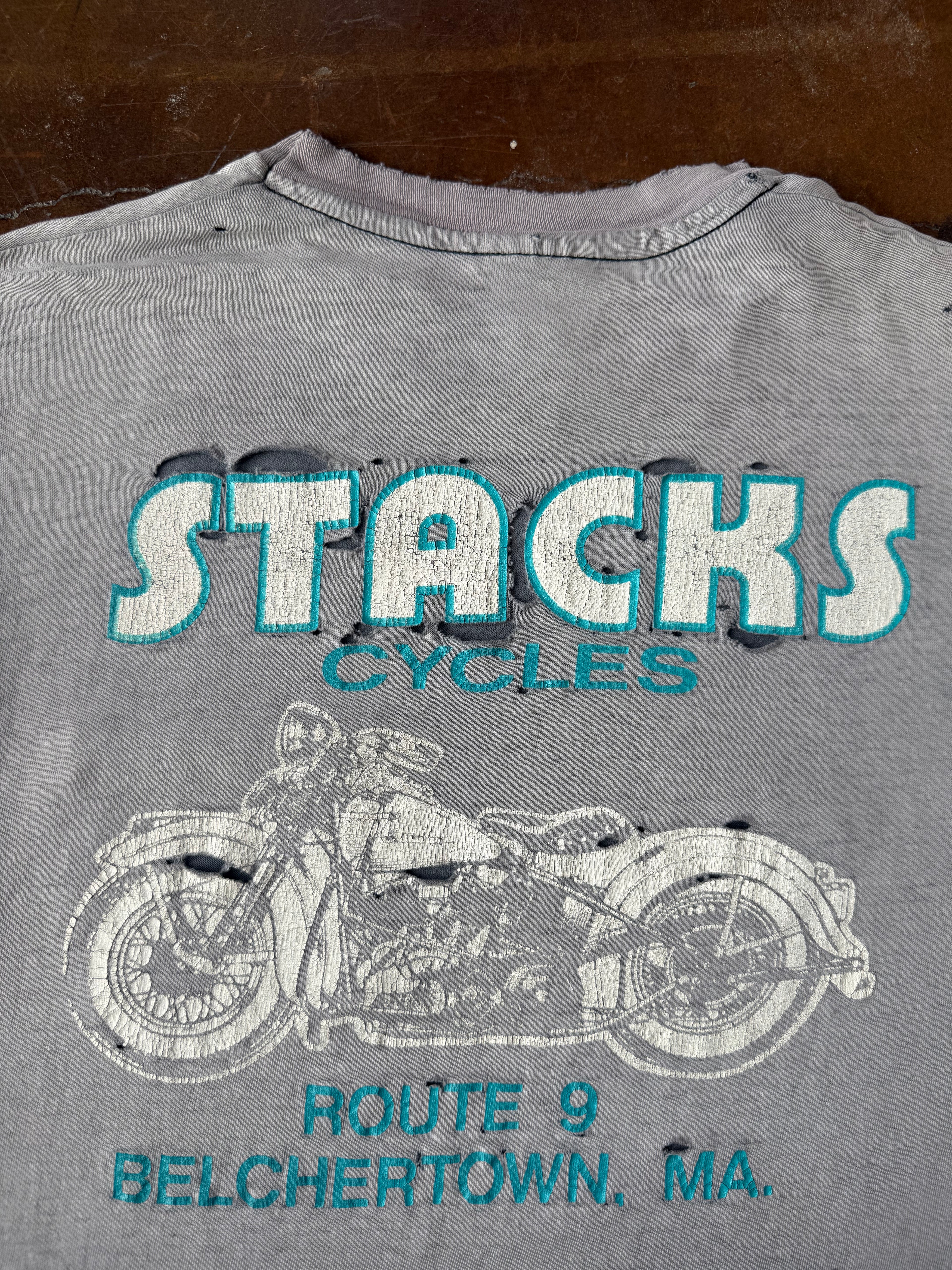 80s heavily faded & distressed Stacks Cycles "harley style" pocket shirt (LARGE)