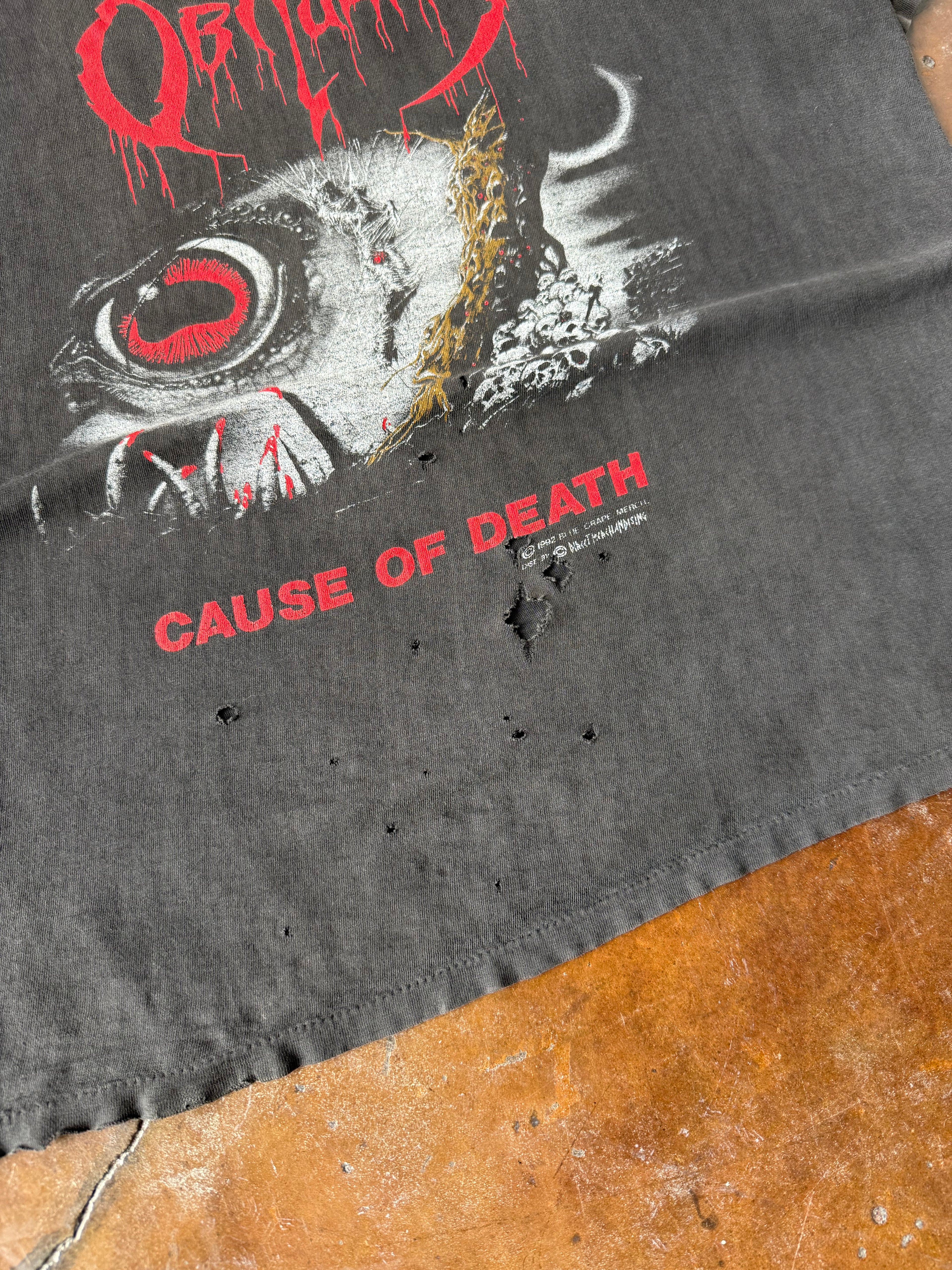 1992 faded & distressed Obituary "cause of death" band shirt (XL)