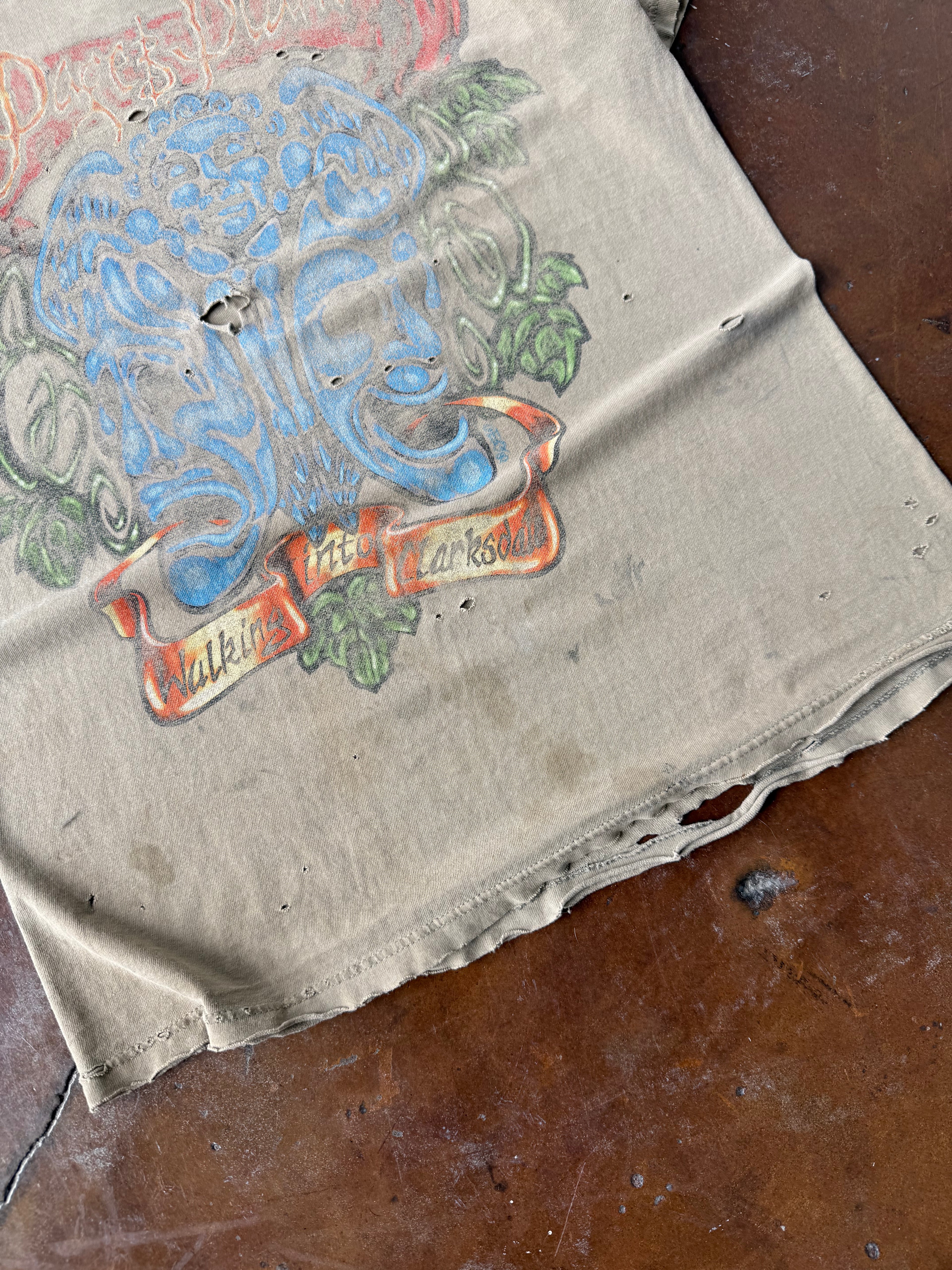 1998 heavily distressed Page & Plant "walking into everywhere" band shirt (LARGE)