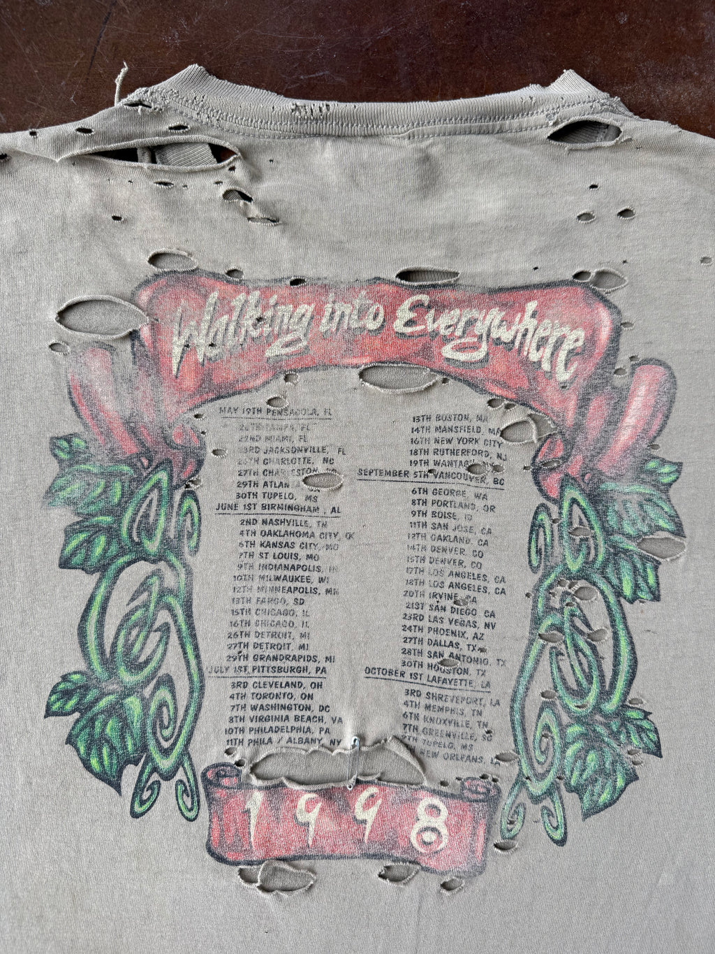 1998 heavily distressed Page & Plant "walking into everywhere" band shirt (LARGE)