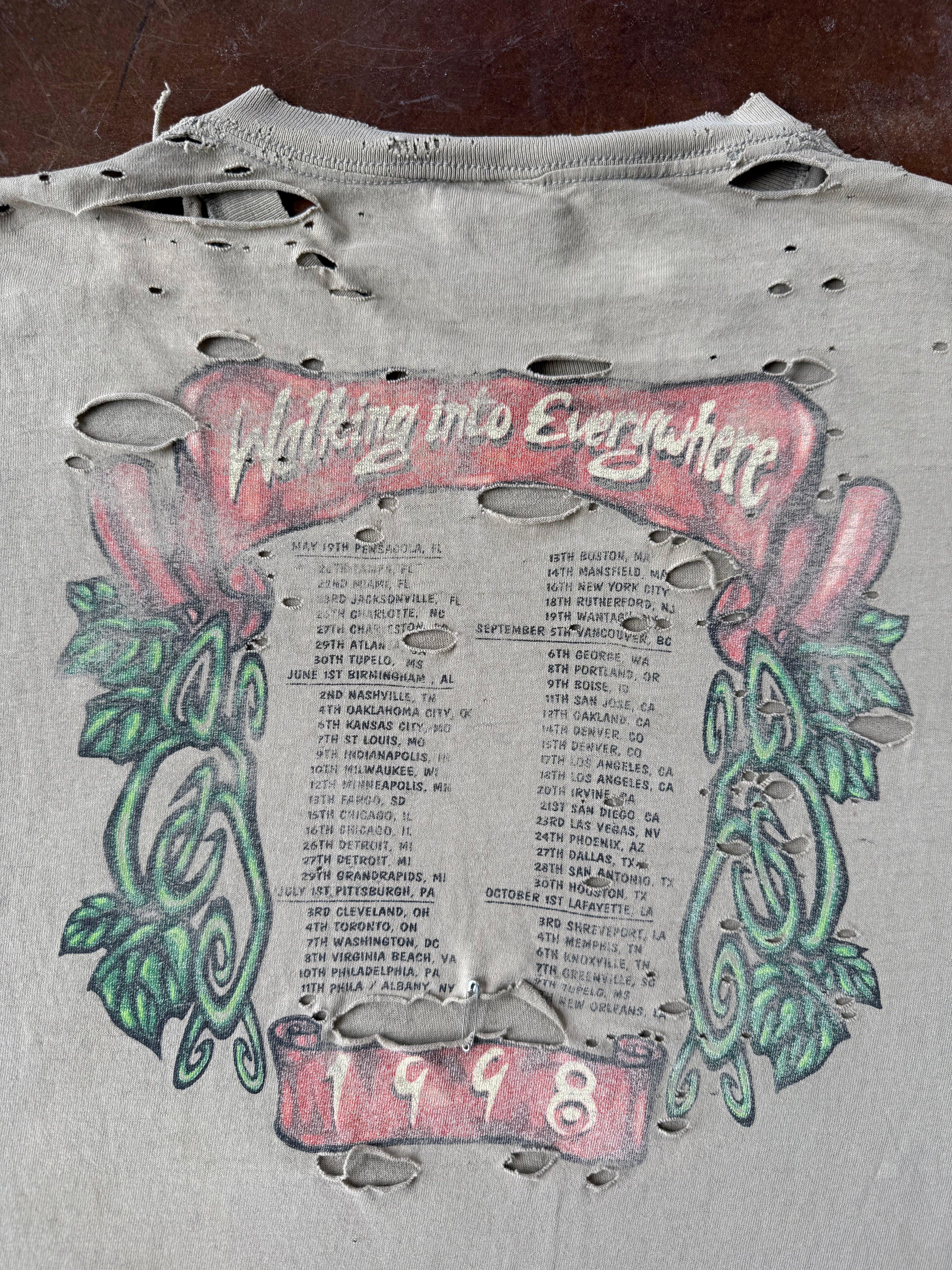 1998 heavily distressed Page & Plant "walking into everywhere" band shirt (LARGE)