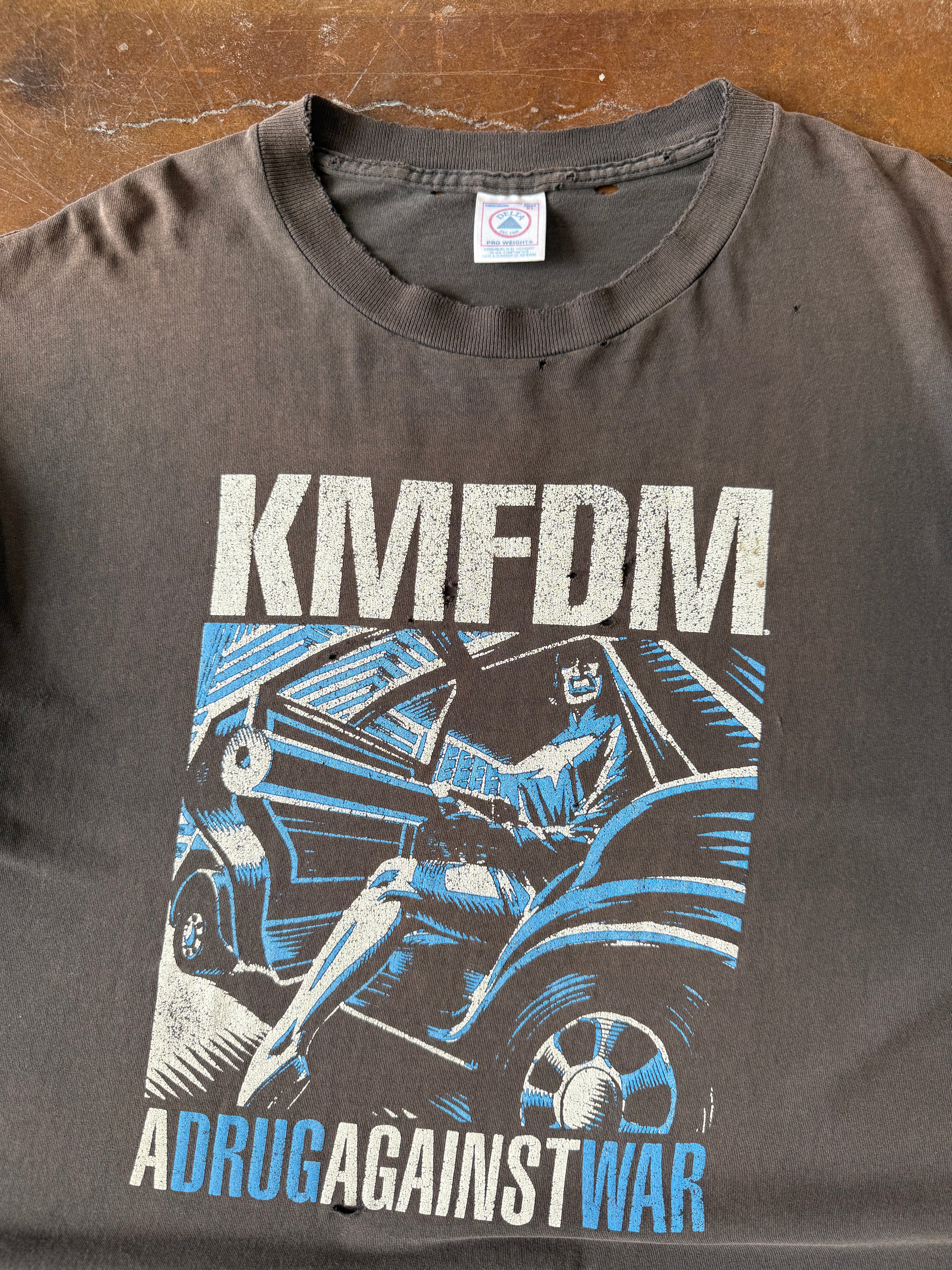 90s lightly faded & distressed KMFDM "drug against war" band shirt (XL)