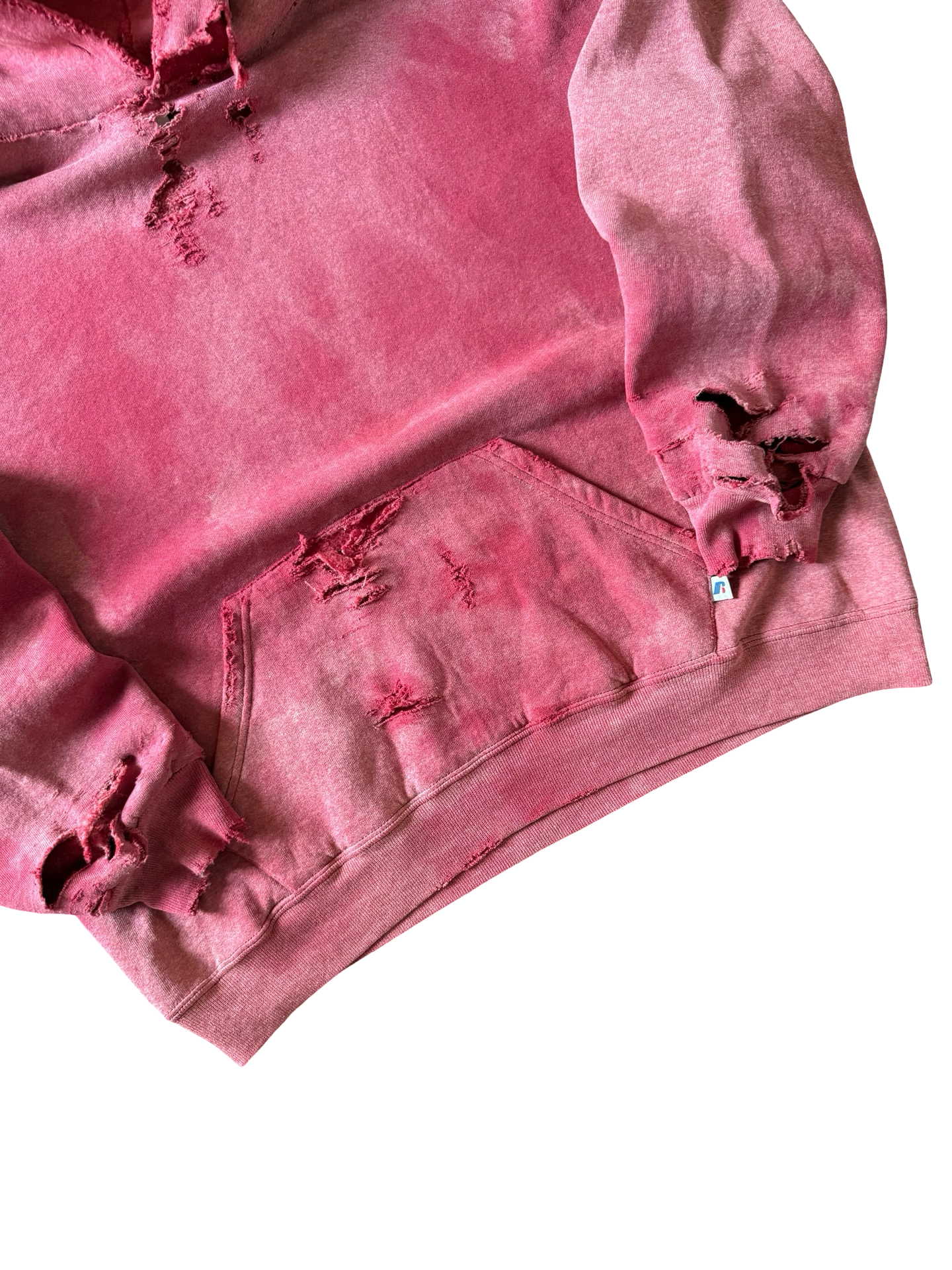 2000s heavily distressed & faded Russell Athletic red blank hoodie (XL)