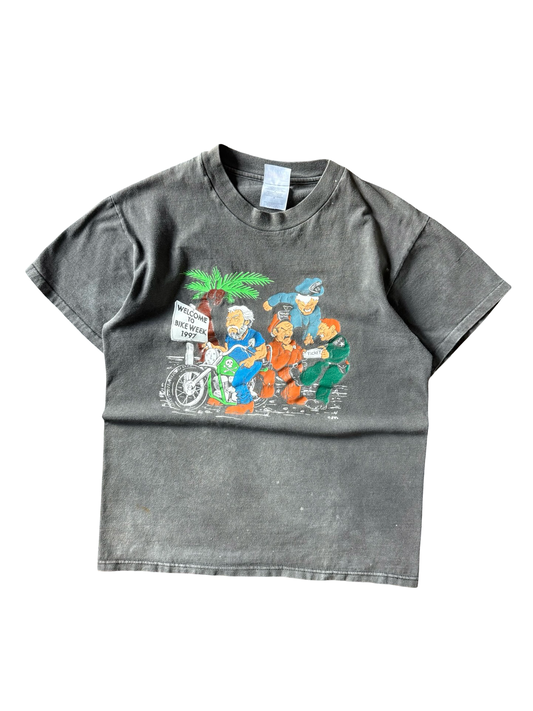 1997 faded Bike Week Harley style "fight scene" biker shirt (MEDIUM)