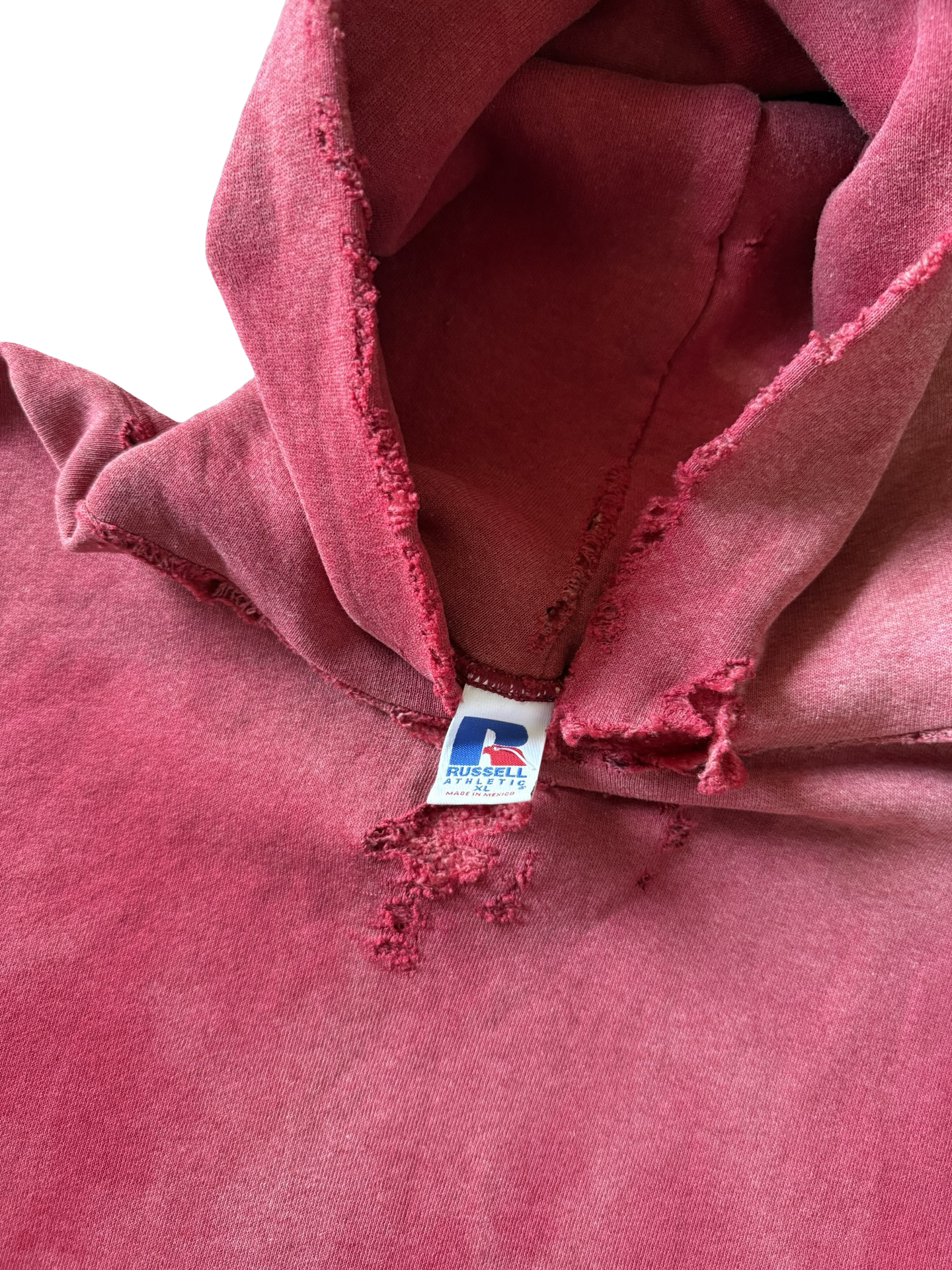 2000s heavily distressed & faded Russell Athletic red blank hoodie (XL)