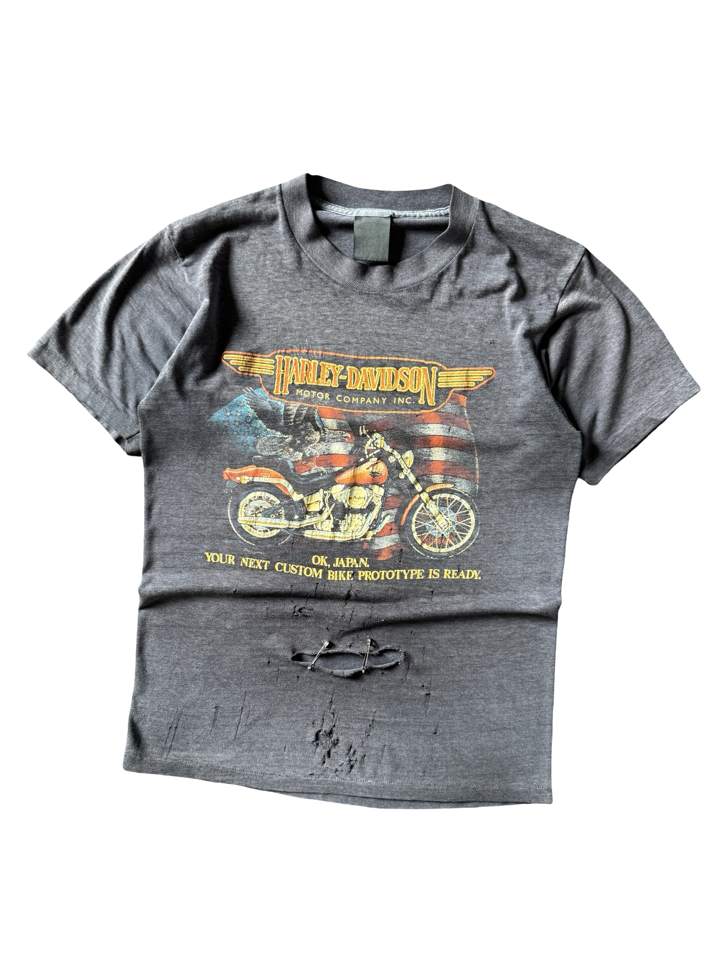 80s faded & distressed Harley Davidson 3D emblem "ok japan..." biker shirt (MEDIUM)