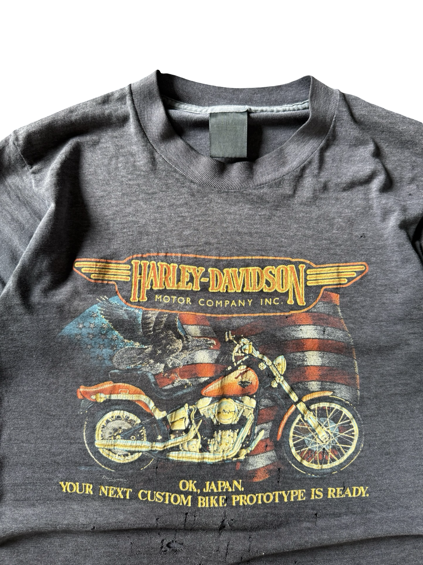 80s faded & distressed Harley Davidson 3D emblem "ok japan..." biker shirt (MEDIUM)