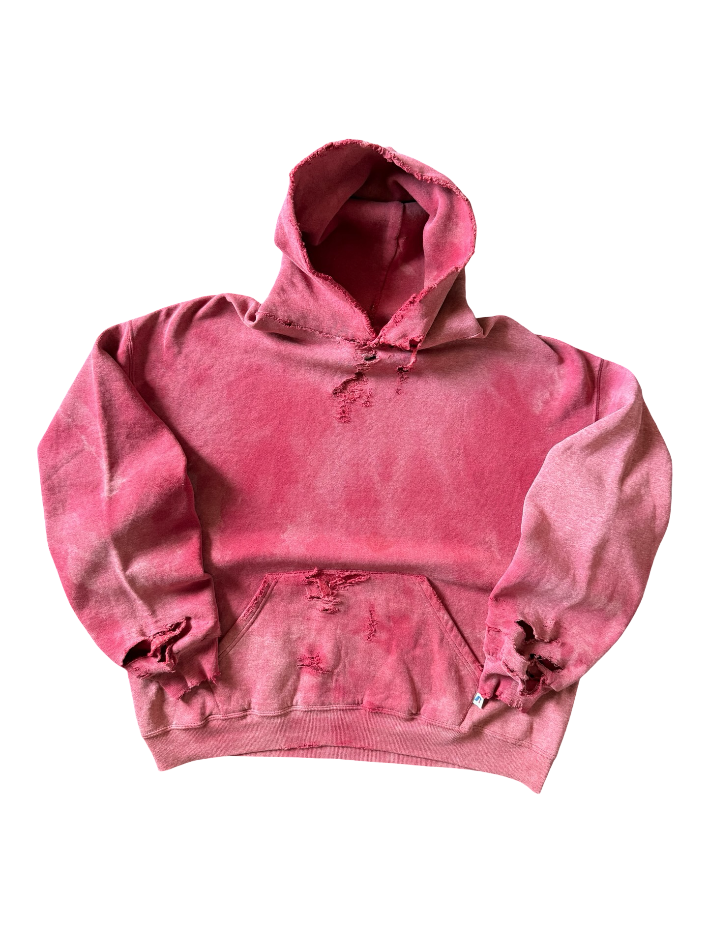 2000s heavily distressed & faded Russell Athletic red blank hoodie (XL)
