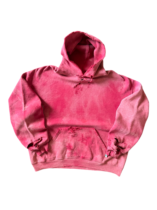 2000s heavily distressed & faded Russell Athletic red blank hoodie (XL)